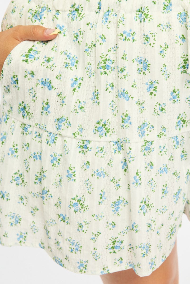 White Ditsy Skorts Elastic Waist for YouandAll Fashion