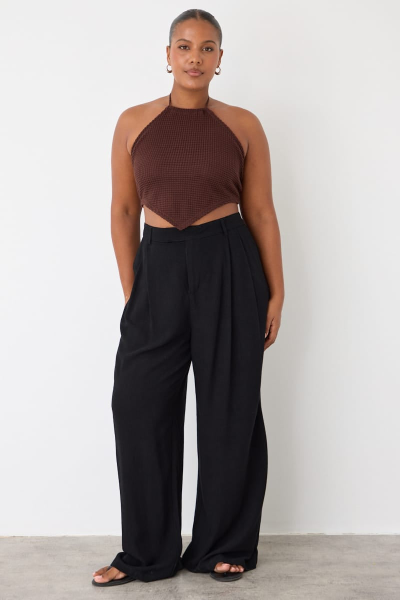 Black Wide Leg Pleated Pants Mid Rise for YouandAll Fashion