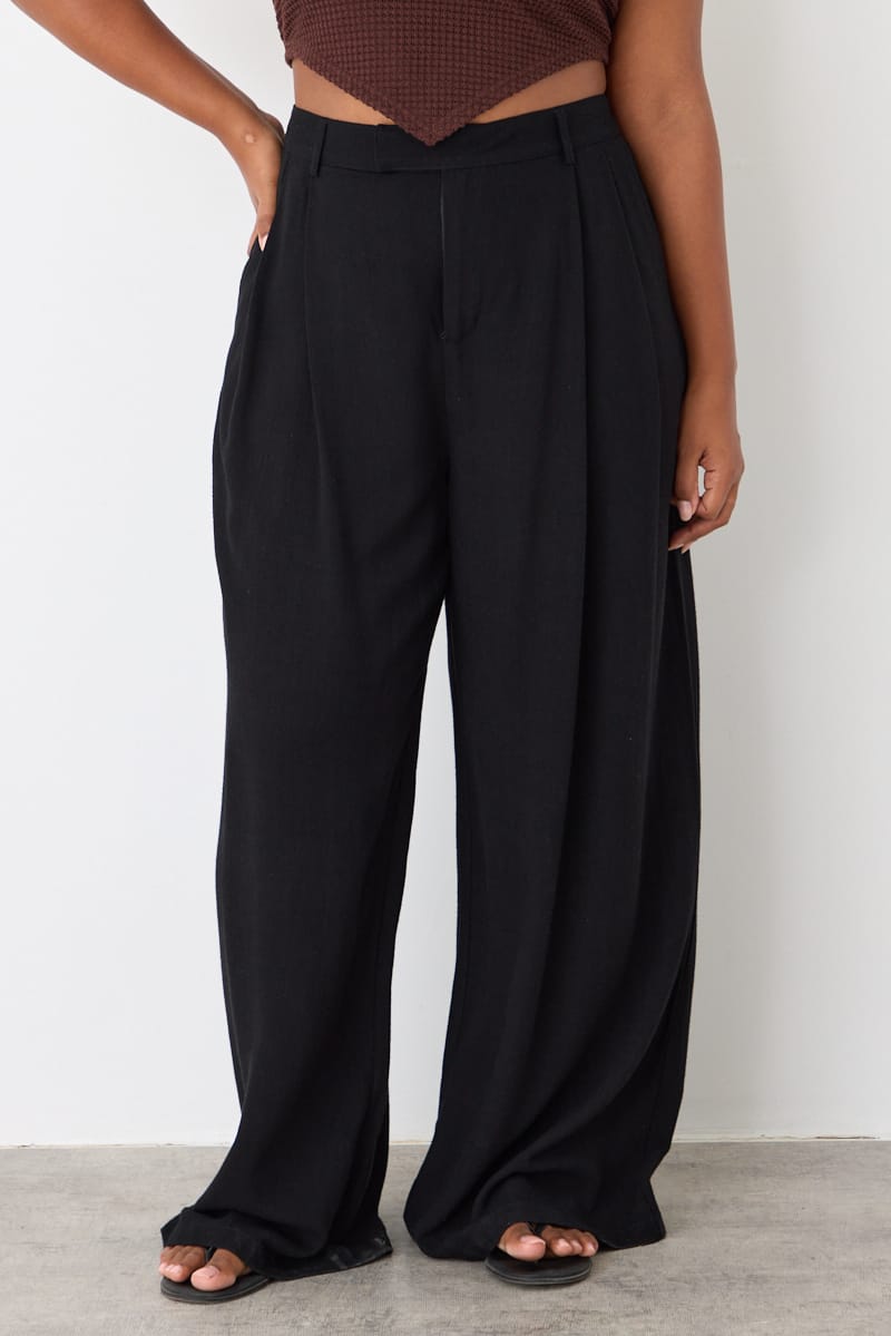 Black Wide Leg Pleated Pants Mid Rise for YouandAll Fashion