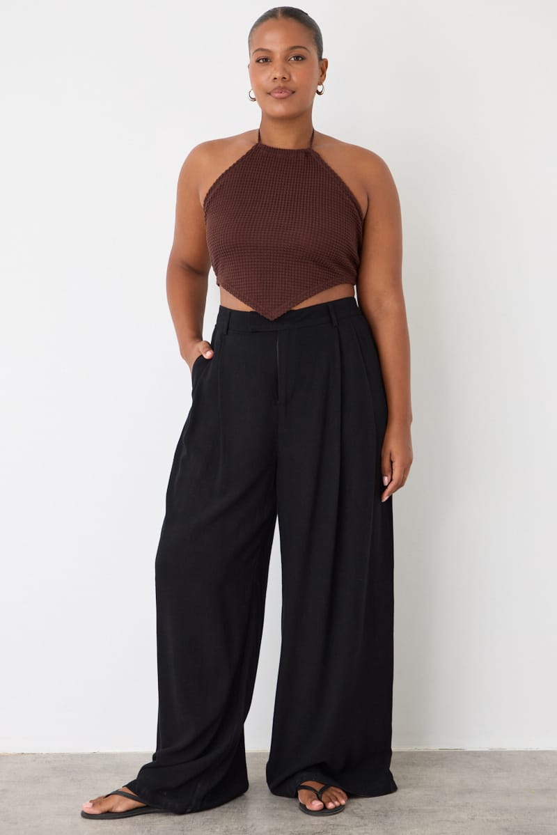 Black Wide Leg Pleated Pants Mid Rise for YouandAll Fashion