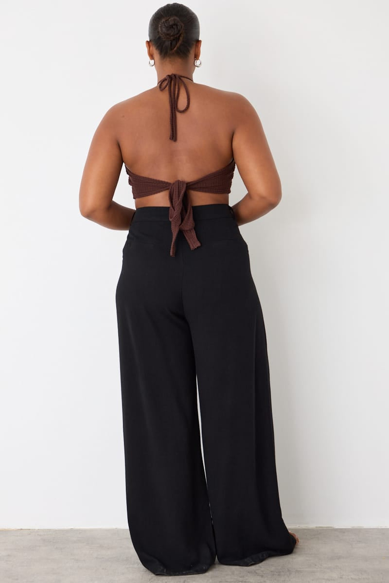 Black Wide Leg Pleated Pants Mid Rise for YouandAll Fashion