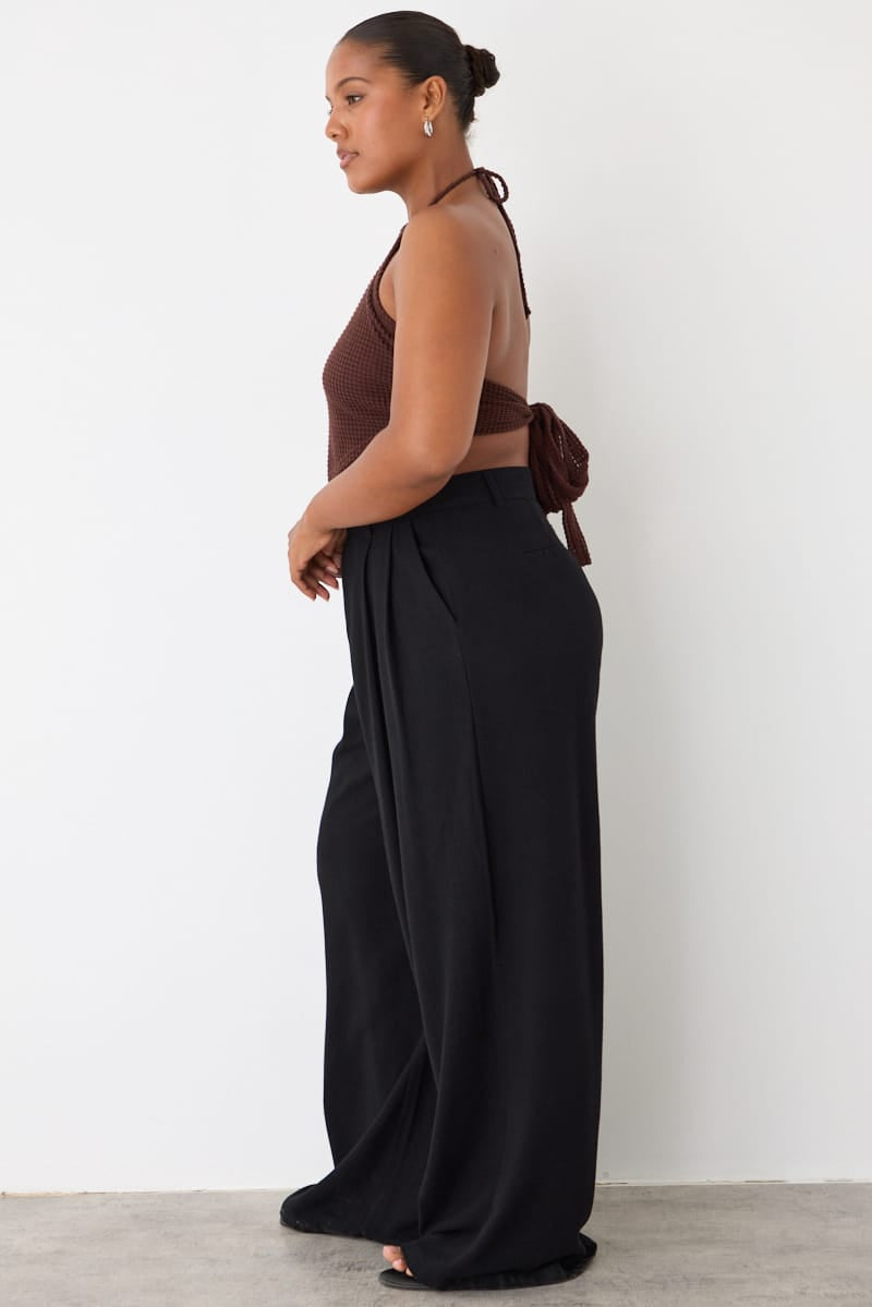 Black Wide Leg Pleated Pants Mid Rise for YouandAll Fashion