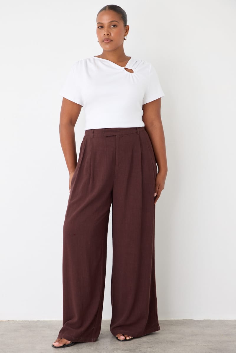 Brown Wide Leg Pleated Pants Mid Rise for YouandAll Fashion