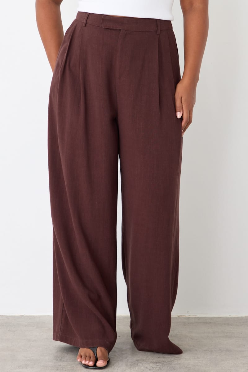 Brown Wide Leg Pleated Pants Mid Rise for YouandAll Fashion