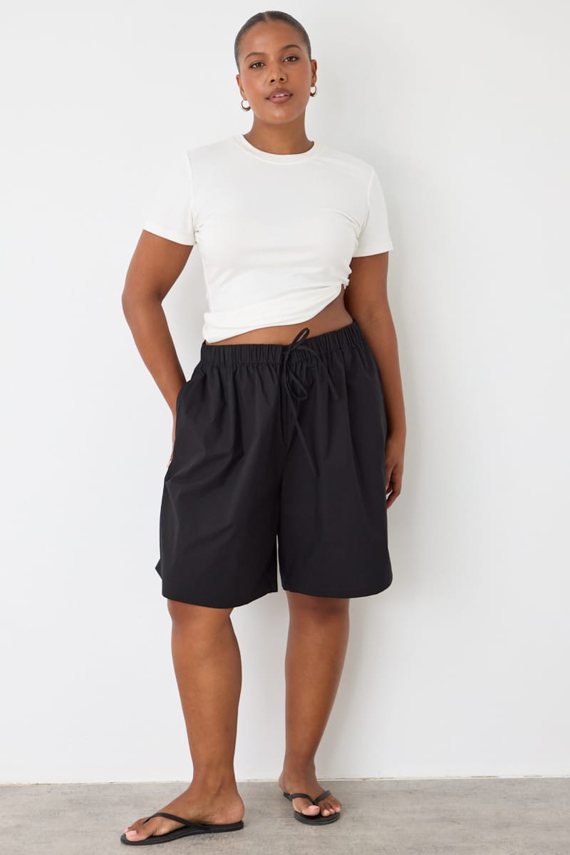 Black Relaxed Pull-on Bermuda Shorts for YouandAll Fashion