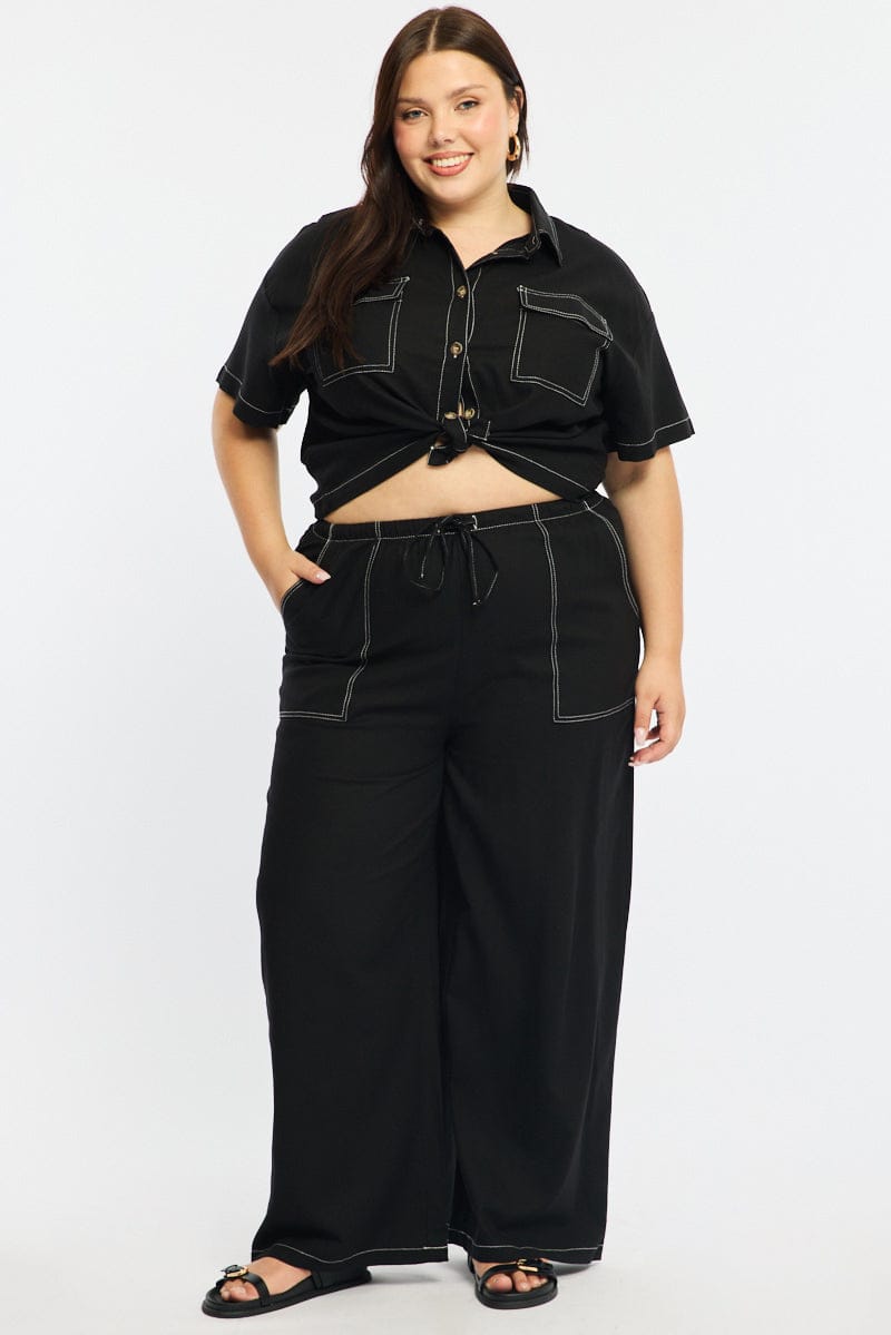 Black Wide Leg Pants Contrast Stitch for YouandAll Fashion