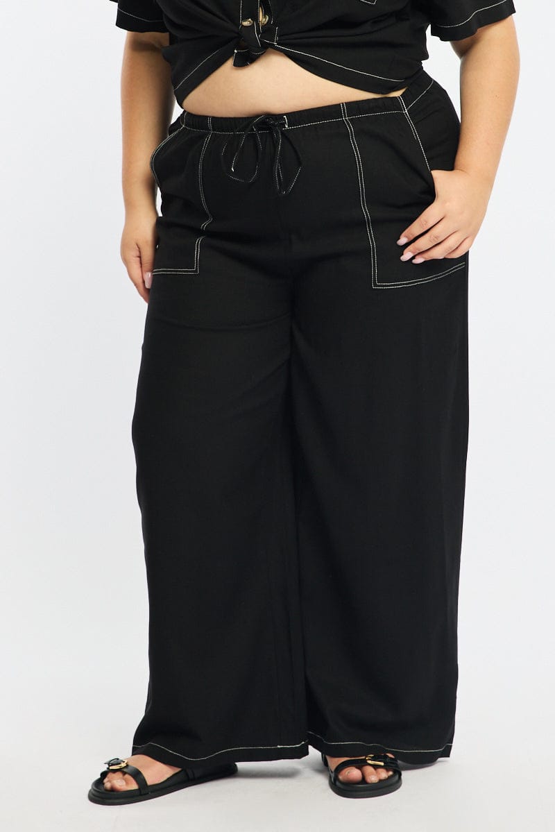 Black Wide Leg Pants Contrast Stitch for YouandAll Fashion