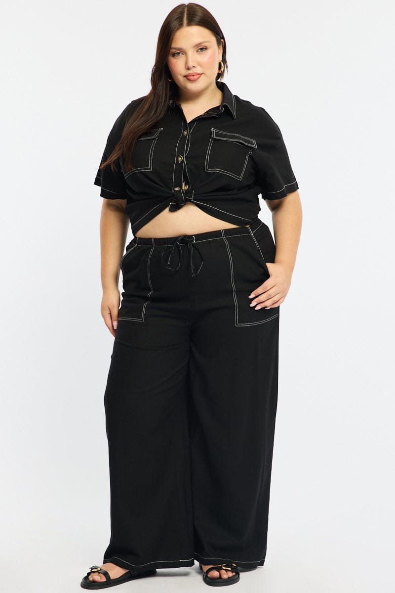 Black Wide Leg Pants Contrast Stitch for YouandAll Fashion