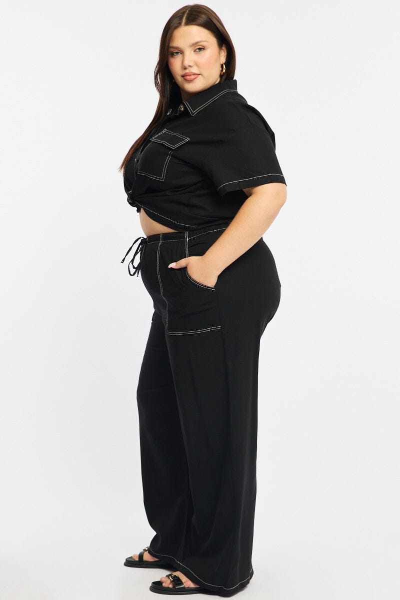 Black Wide Leg Pants Contrast Stitch for YouandAll Fashion