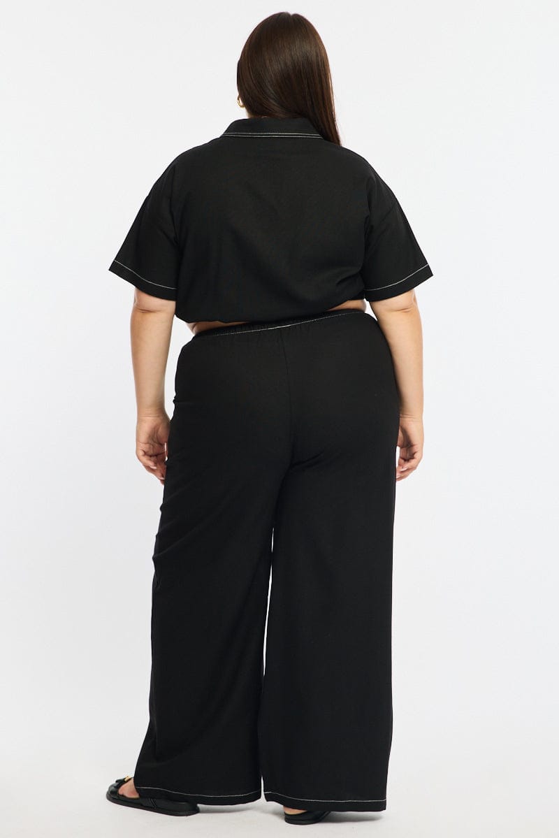 Black Wide Leg Pants Contrast Stitch for YouandAll Fashion
