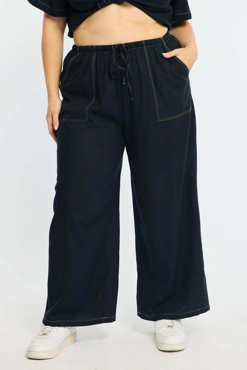 Blue Wide Leg Pants Contrast Stitch for YouandAll Fashion