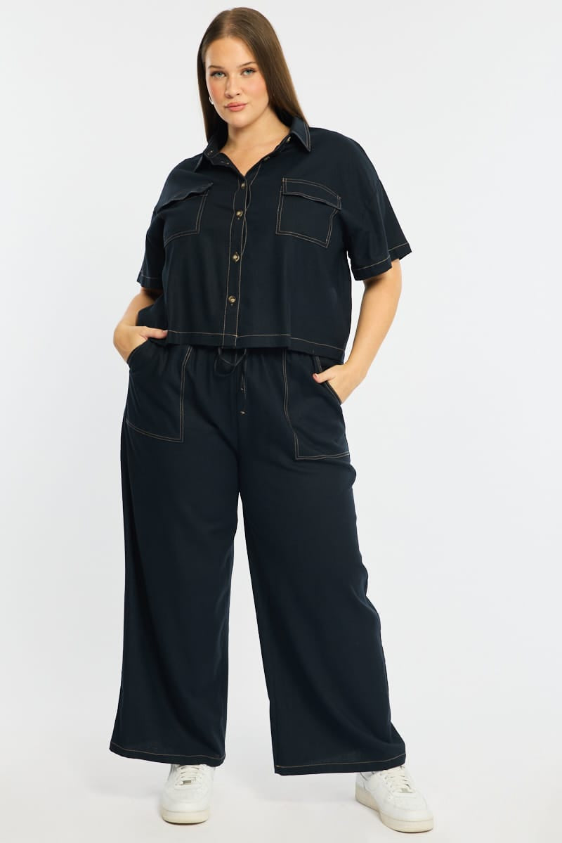 Blue Wide Leg Pants Contrast Stitch for YouandAll Fashion
