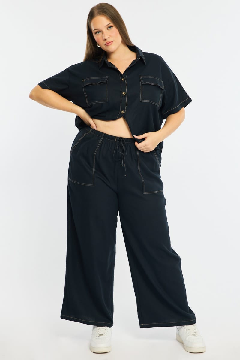 Blue Wide Leg Pants Contrast Stitch for YouandAll Fashion