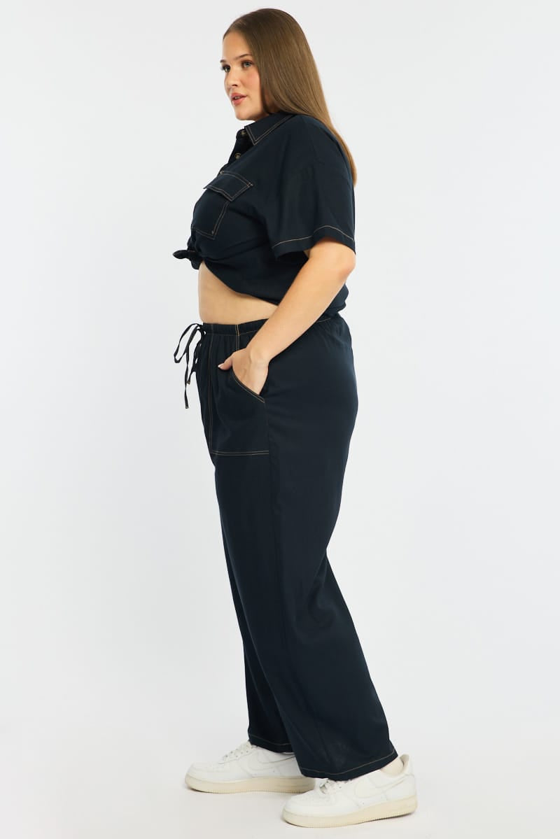 Blue Wide Leg Pants Contrast Stitch for YouandAll Fashion