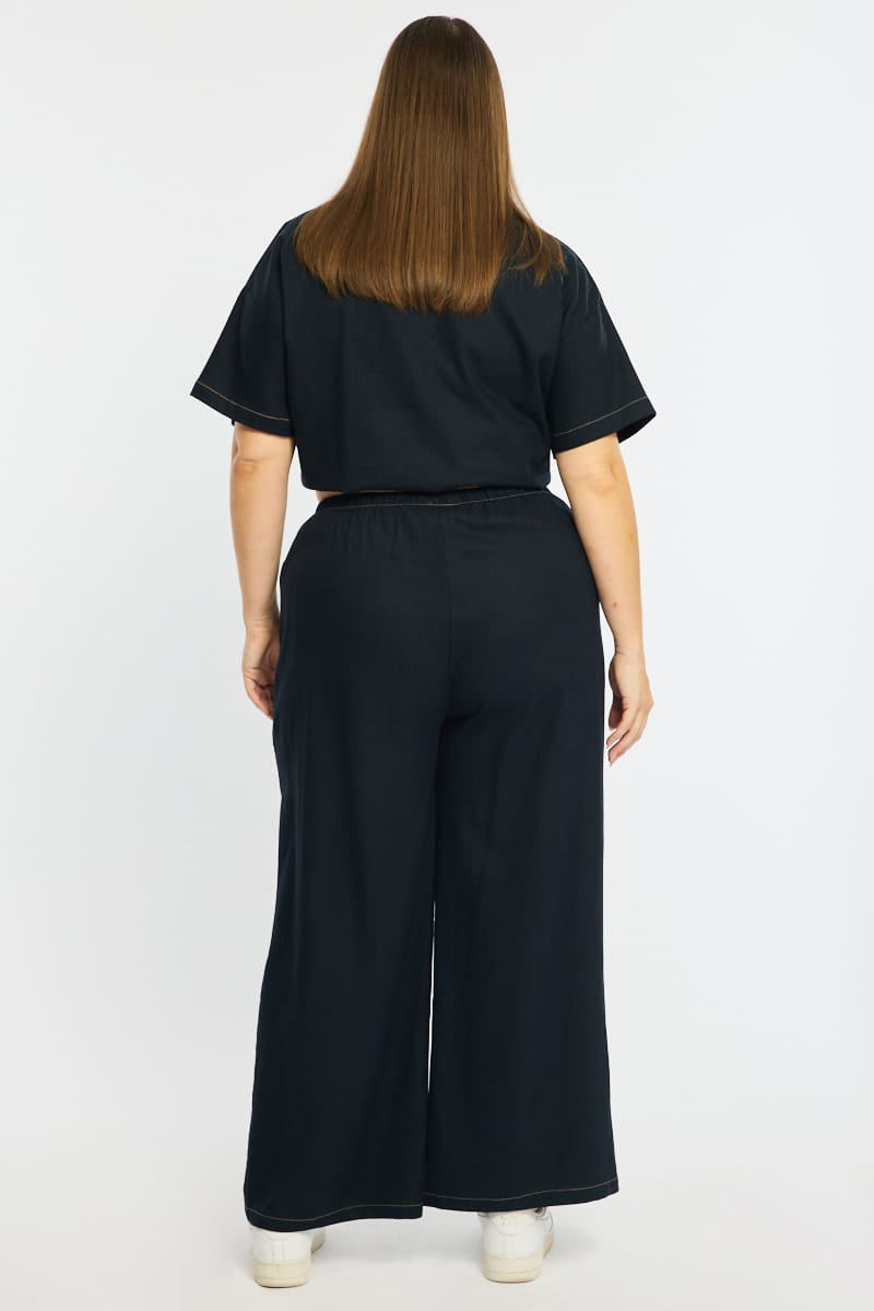 Blue Wide Leg Pants Contrast Stitch for YouandAll Fashion