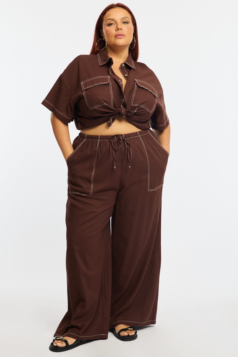 Brown Wide Leg Pants Contrast Stitch for YouandAll Fashion
