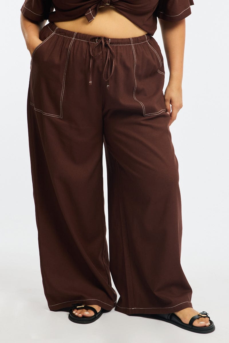 Brown Wide Leg Pants Contrast Stitch for YouandAll Fashion