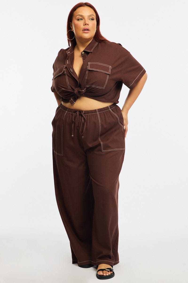 Brown Wide Leg Pants Contrast Stitch for YouandAll Fashion