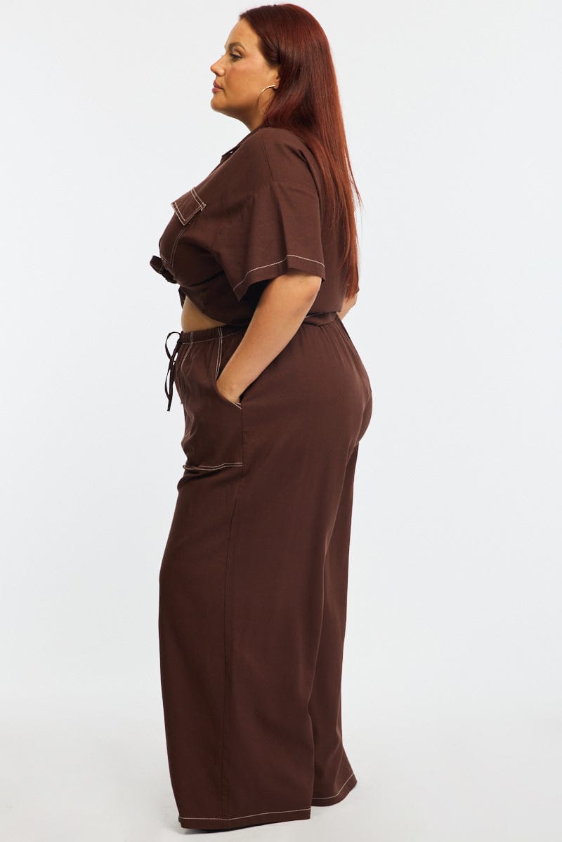 Brown Wide Leg Pants Contrast Stitch | You & All
