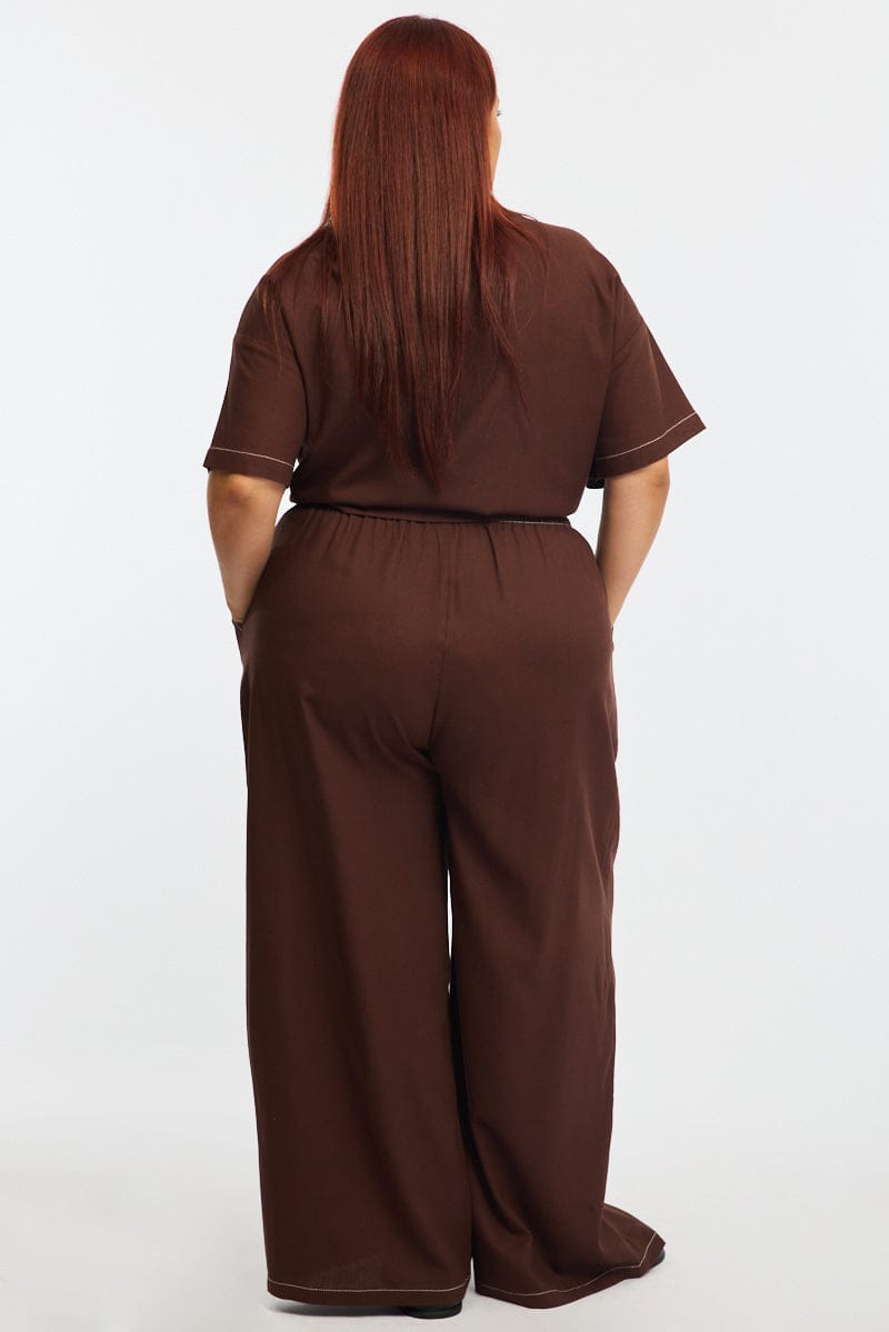 Brown Wide Leg Pants Contrast Stitch for YouandAll Fashion