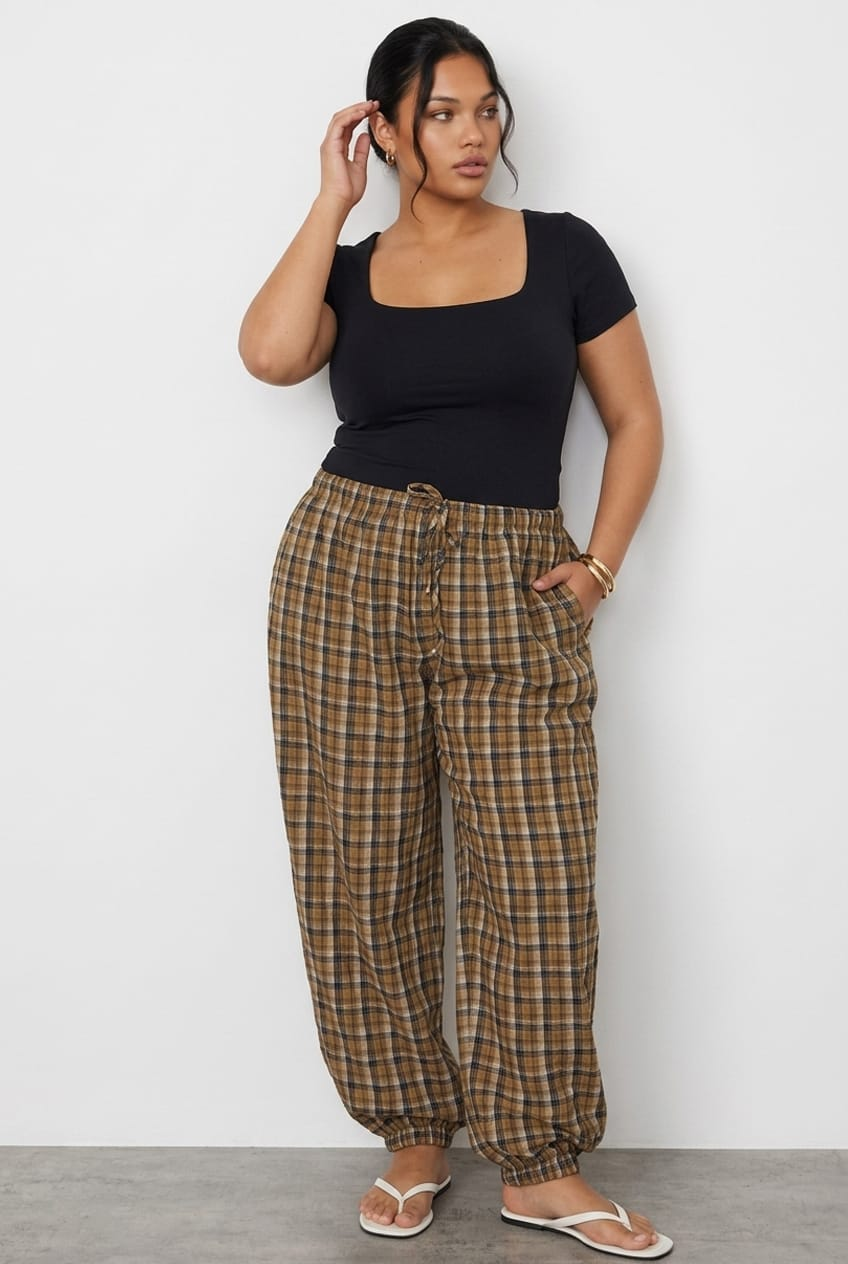 Brown Check Mid Rise Balloon Leg Pants for YouandAll Fashion