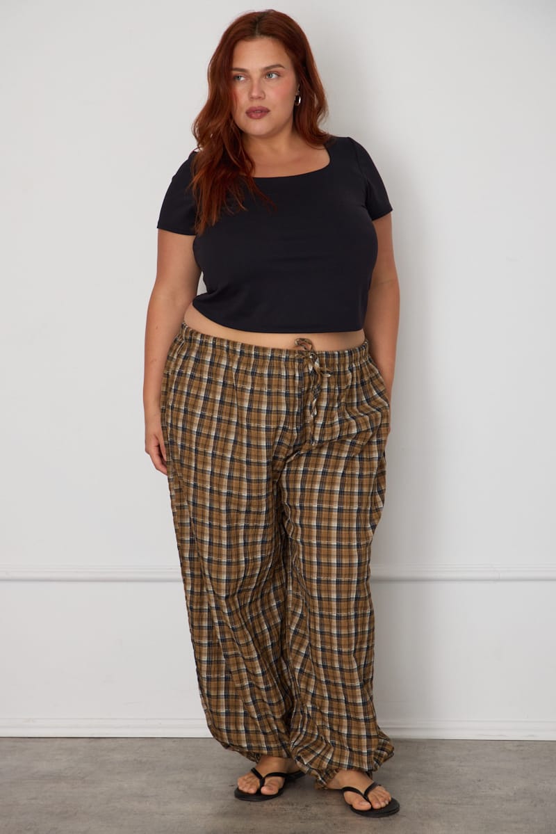 Brown Check Mid Rise Balloon Leg Pants for YouandAll Fashion