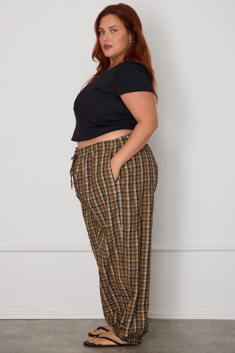 Brown Check Mid Rise Balloon Leg Pants for YouandAll Fashion