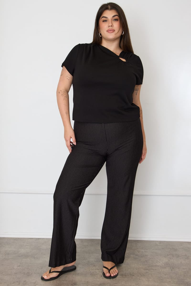 Black Stripe Mid Rise Tailored Ponte Pants for YouandAll Fashion