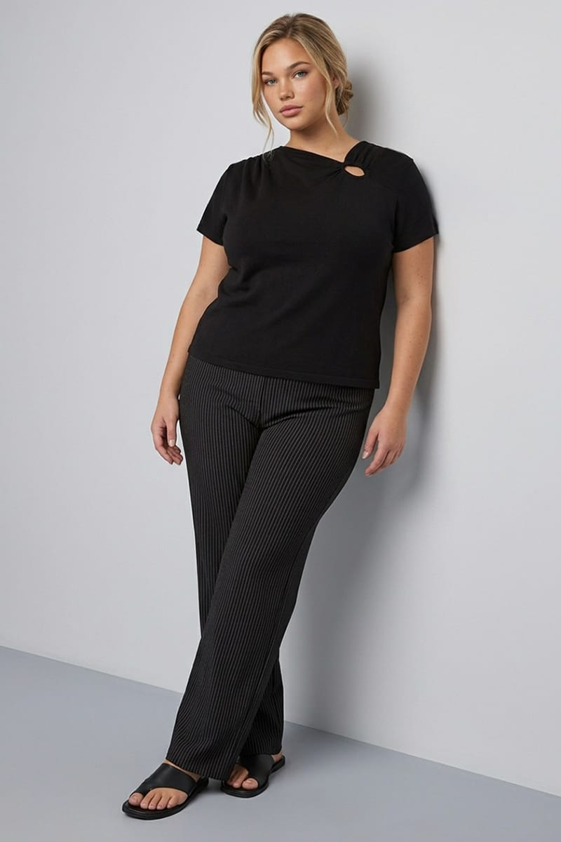 Black Stripe Mid Rise Tailored Ponte Pants for YouandAll Fashion