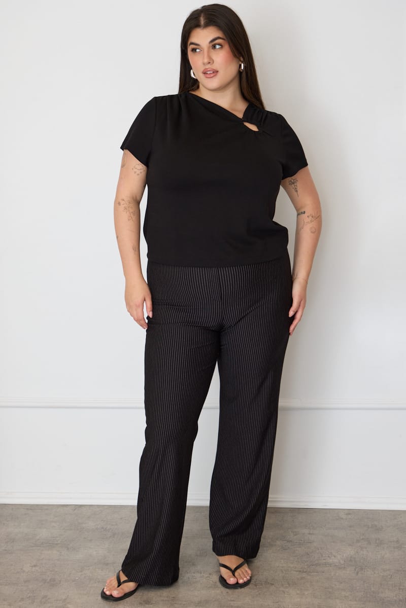 Black Stripe Mid Rise Tailored Ponte Pants for YouandAll Fashion