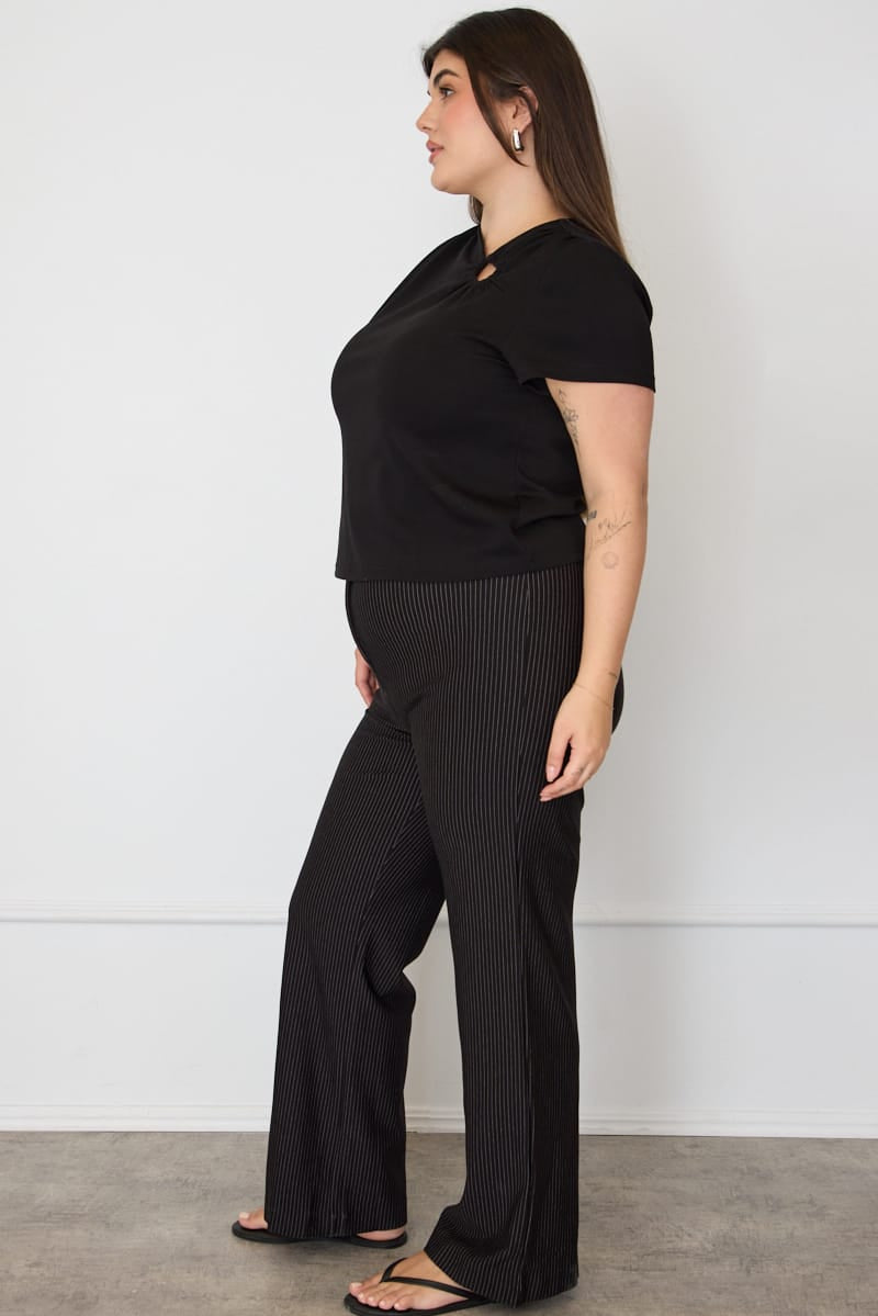 Black Stripe Mid Rise Tailored Ponte Pants for YouandAll Fashion
