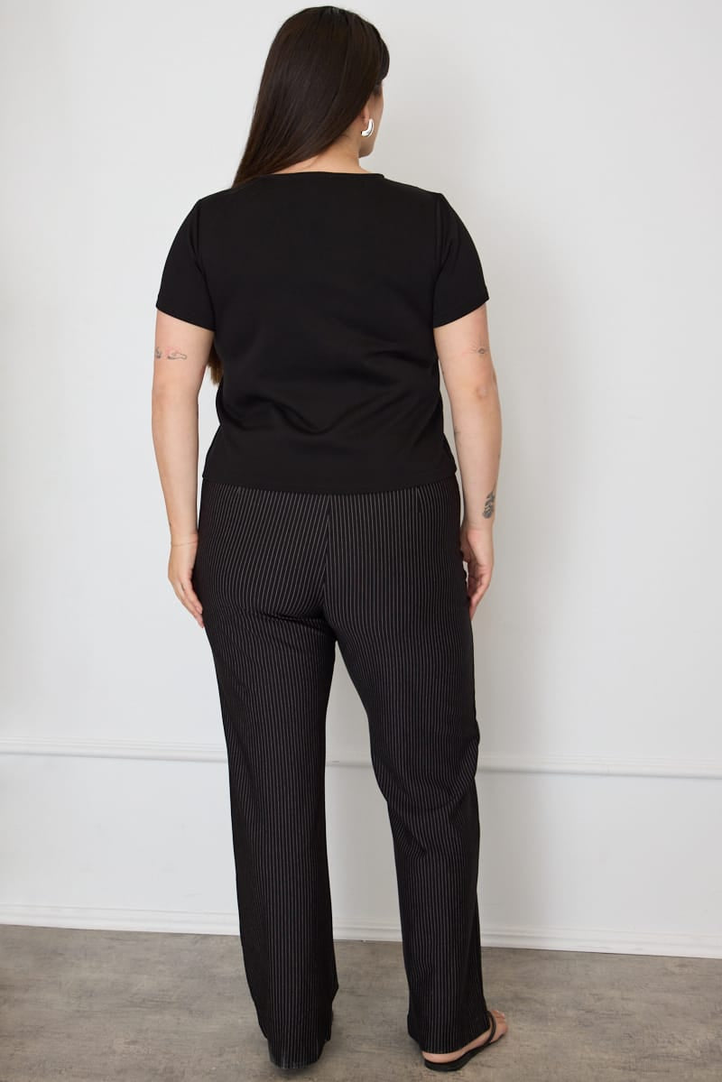 Black Stripe Mid Rise Tailored Ponte Pants for YouandAll Fashion