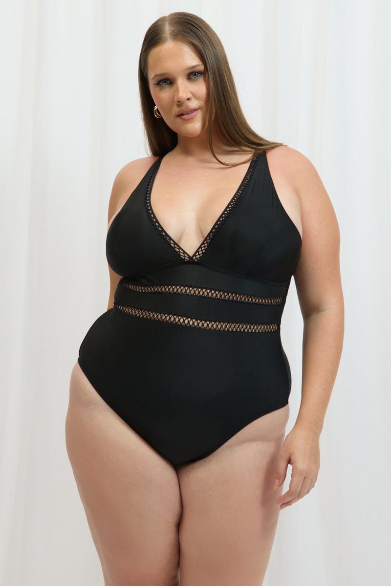 Black Fishnet Detail One Piece Swimsuit for YouandAll Fashion