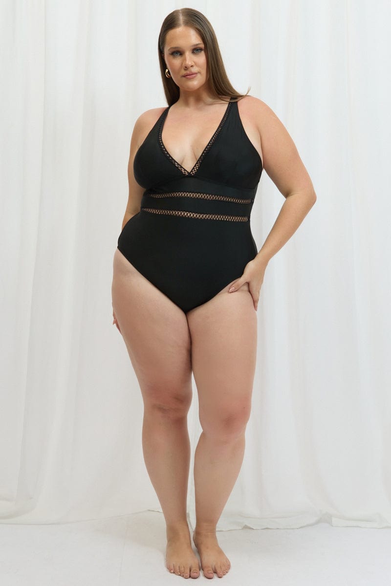 Black Fishnet Detail One Piece Swimsuit for YouandAll Fashion