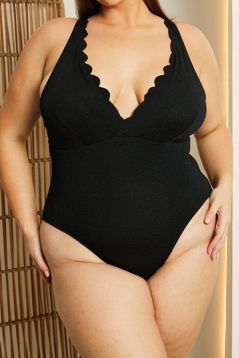 Black Scallop Edge One Piece Swimsuit for YouandAll Fashion