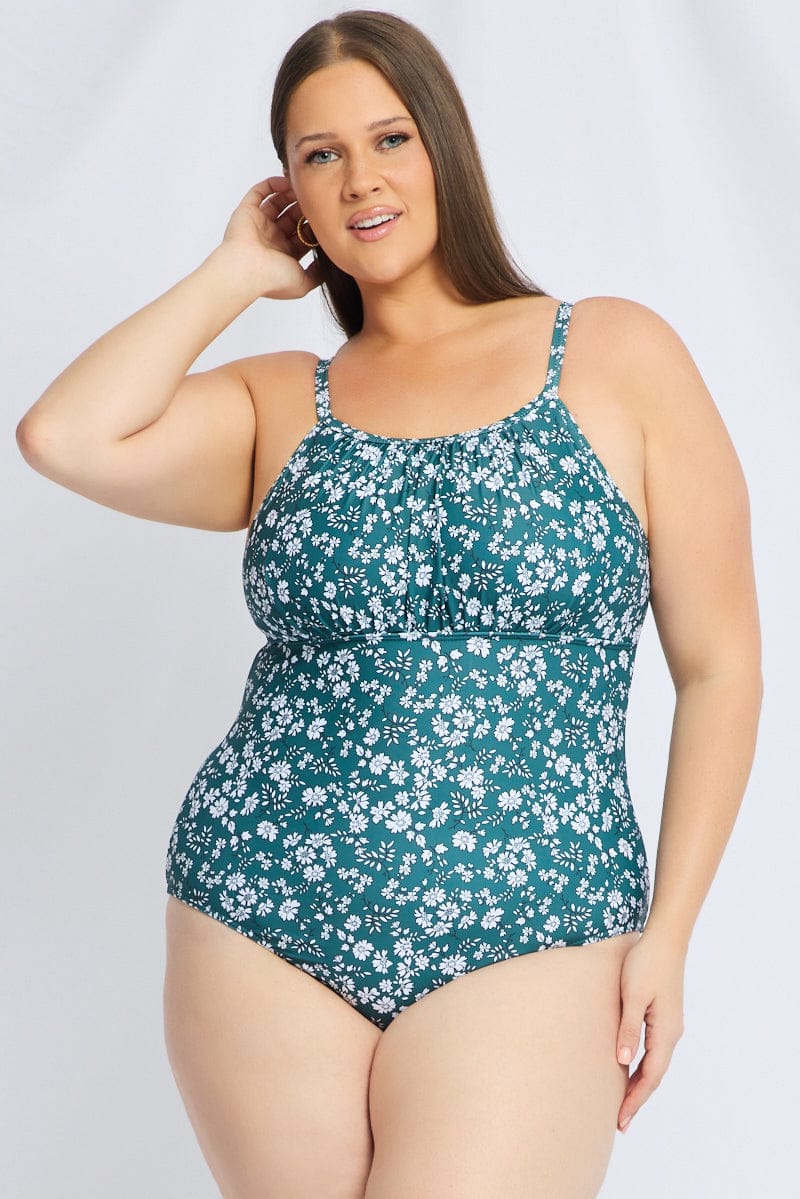 Green Floral Ruched Detail One Piece Swimsuit for YouandAll Fashion