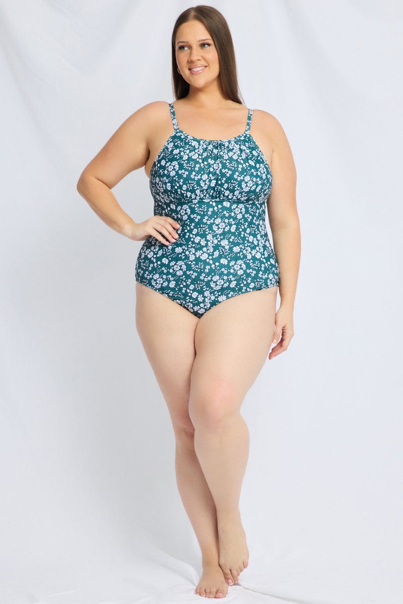 Green Floral Ruched Detail One Piece Swimsuit for YouandAll Fashion
