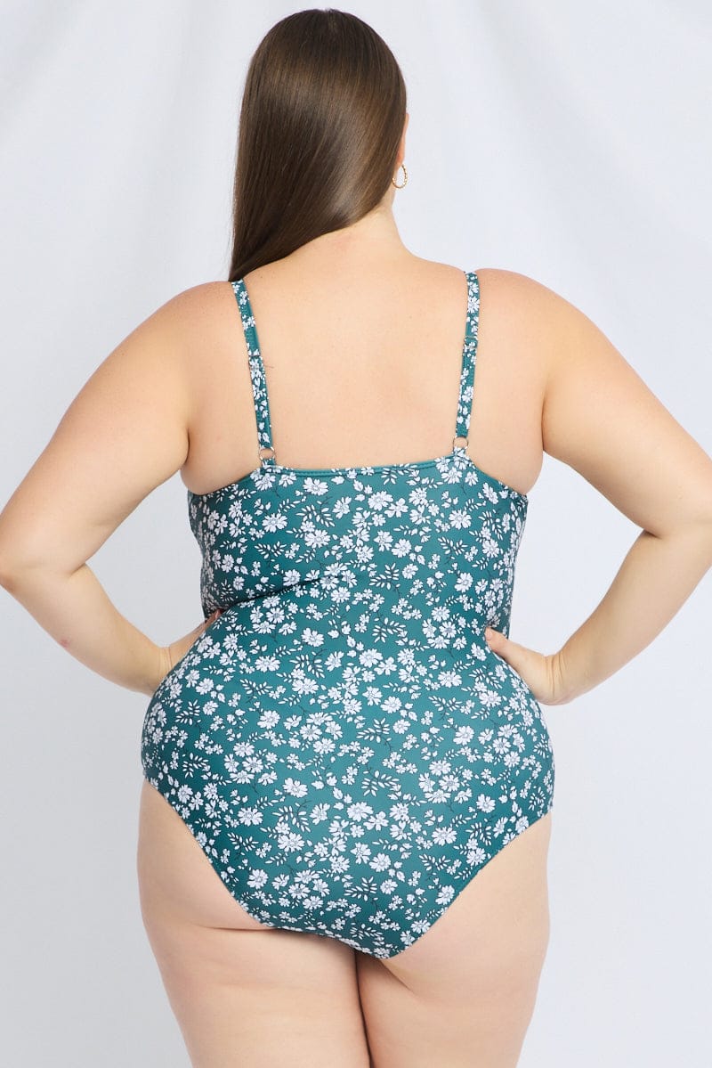 Green Floral Ruched Detail One Piece Swimsuit for YouandAll Fashion