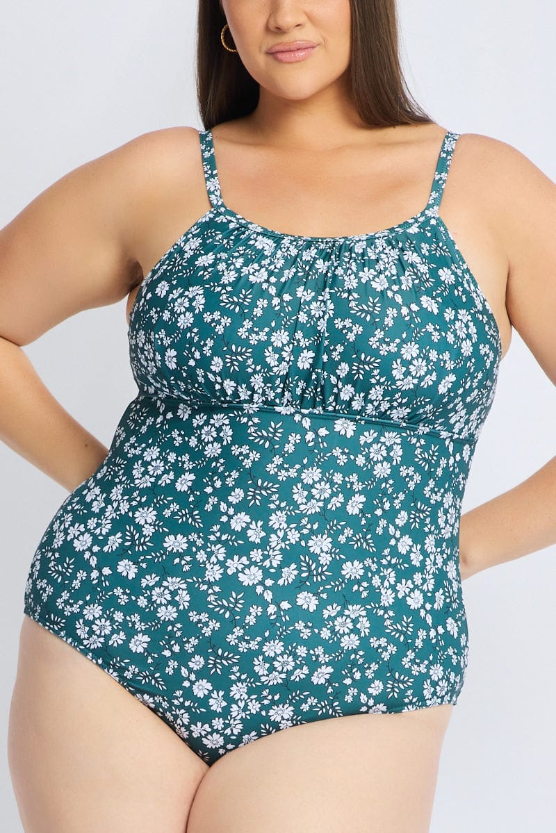 Green Floral Ruched Detail One Piece Swimsuit for YouandAll Fashion