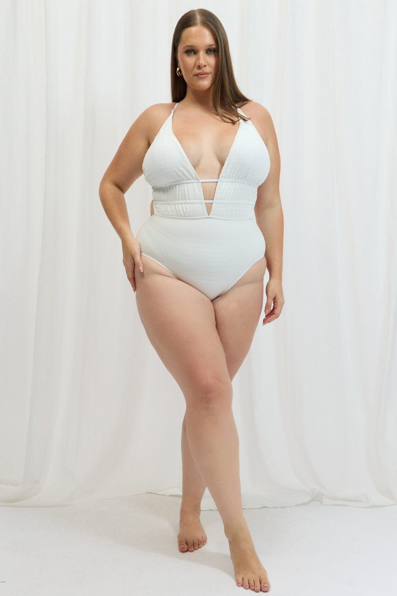 White V Neck One Piece Swimsuit for YouandAll Fashion