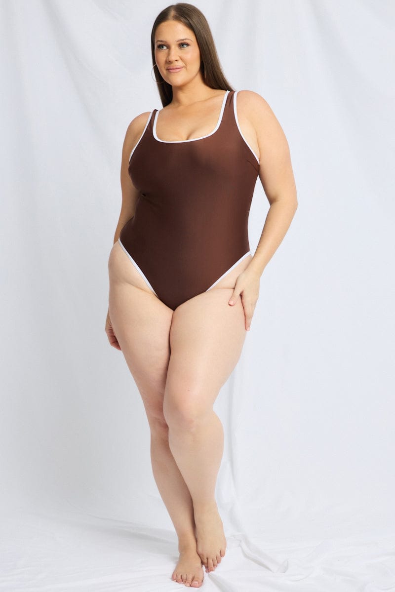 Brown Contrast One Piece Swimsuit for YouandAll Fashion