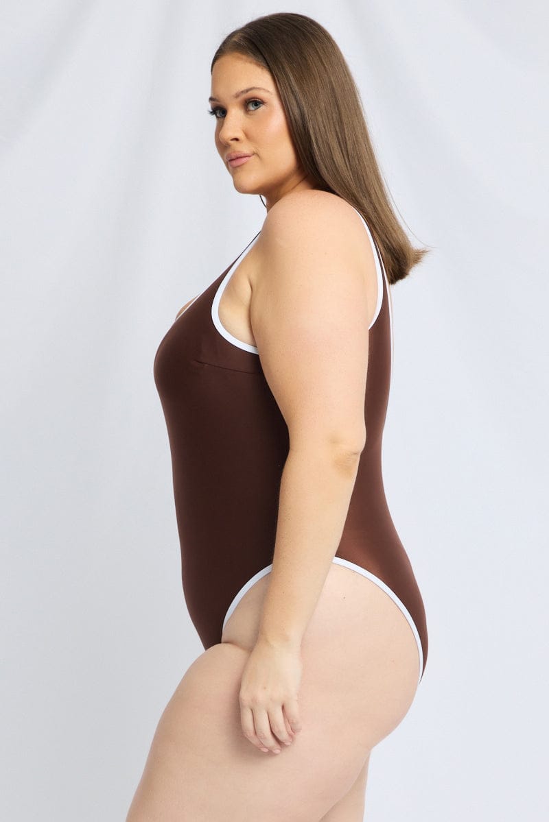 Brown Contrast One Piece Swimsuit for YouandAll Fashion
