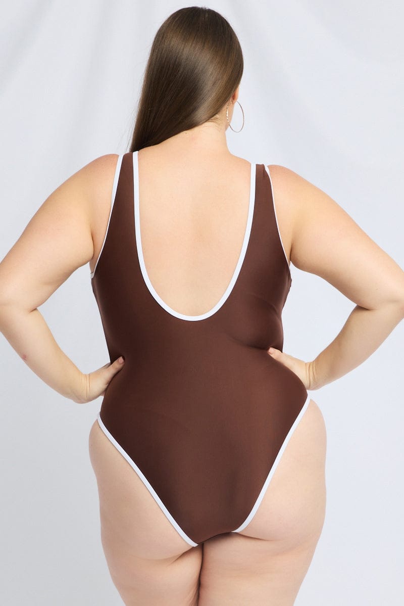 Brown Contrast One Piece Swimsuit for YouandAll Fashion