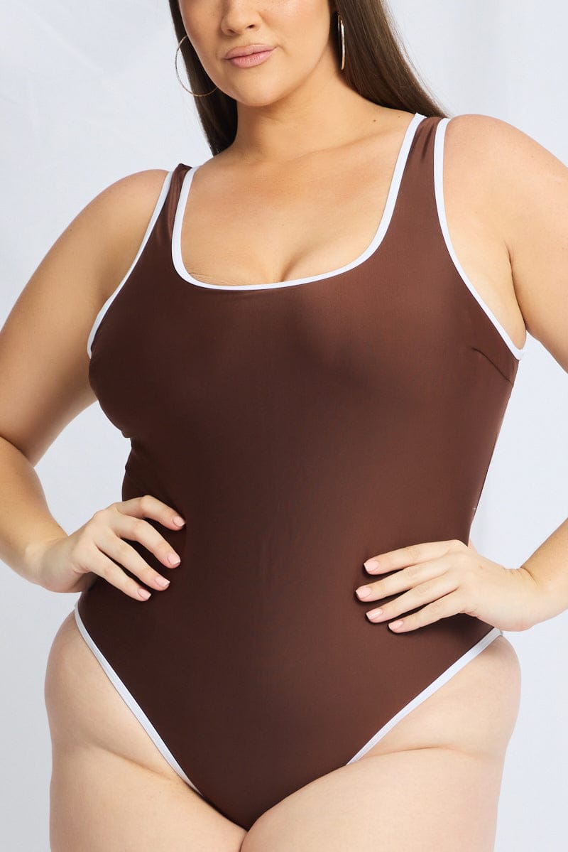 Brown Contrast One Piece Swimsuit for YouandAll Fashion