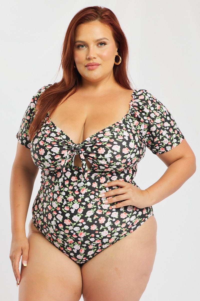 Black Ditsy Knot Front One Piece Swimsuit for YouandAll Fashion