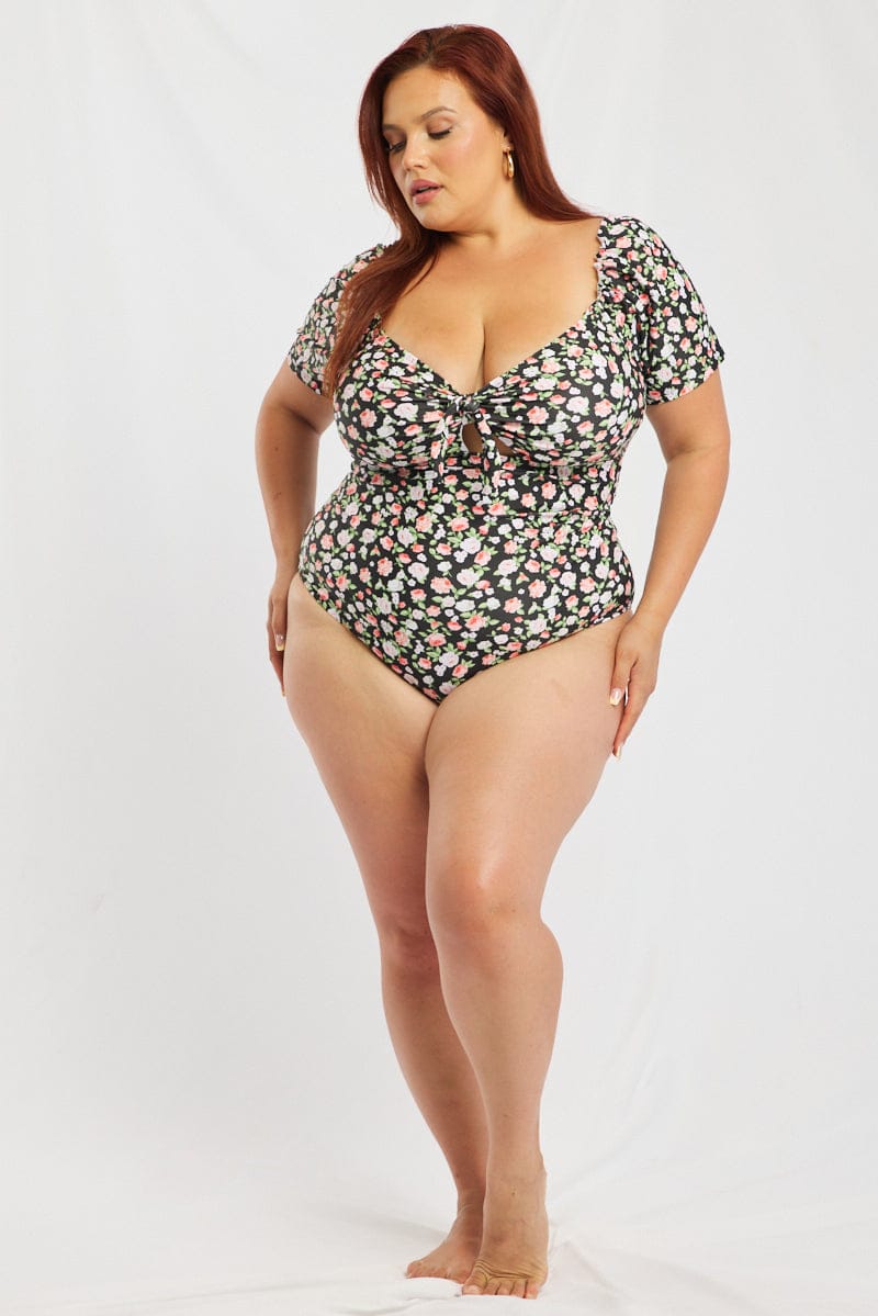 Black Ditsy Knot Front One Piece Swimsuit for YouandAll Fashion