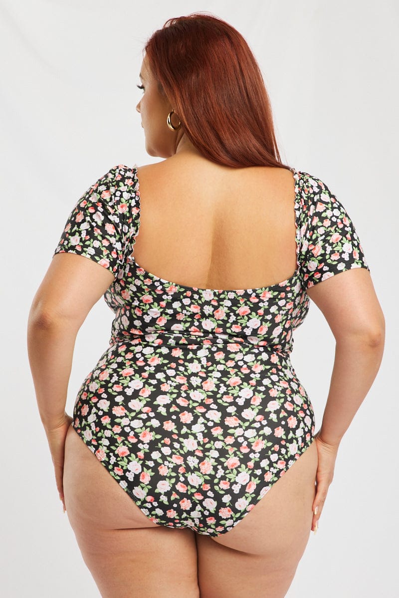 Black Ditsy Knot Front One Piece Swimsuit for YouandAll Fashion
