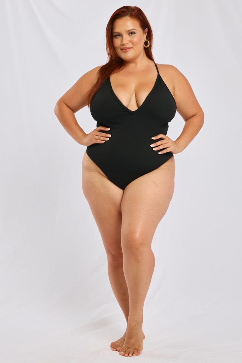 Black V-neck Textured One Piece Swimsuit for YouandAll Fashion