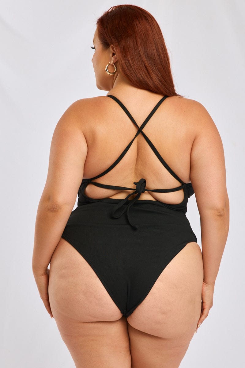Black V-neck Textured One Piece Swimsuit for YouandAll Fashion