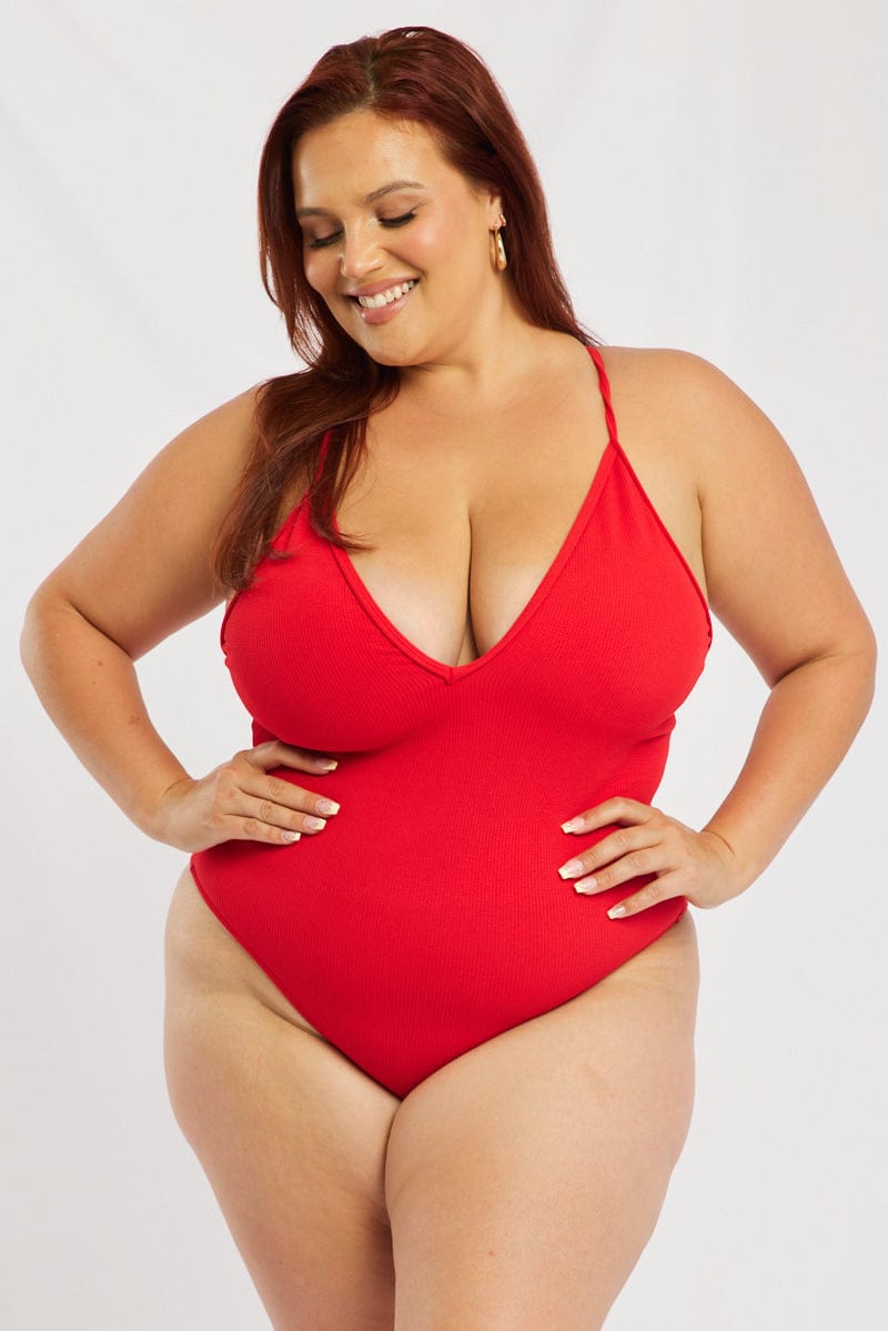 Red V-neck Textured One Piece Swimsuit for YouandAll Fashion